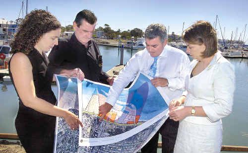 Cr Belinda McNeven, Mayor Mick Kruger, State Minister Andrew McNamara and Premier Anna Bligh at the launch of marina plans. Cr Belinda McNeven, Mayor Mick Kruger, State Minister Andrew McNamara and Premier Anna Bligh at the launch of marina plans.